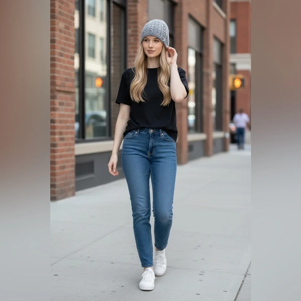 Chaps lamb wool blend knitted light gray beanie with buttons detail Women’s M